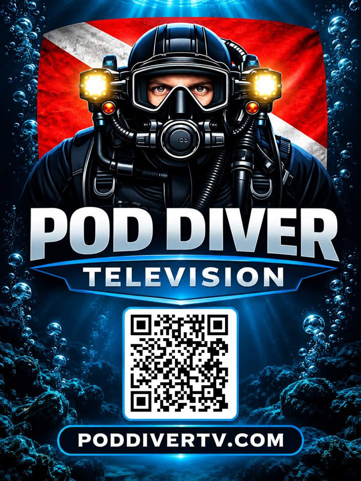 Pod Diver Television poster with QR code for poddivertv.com